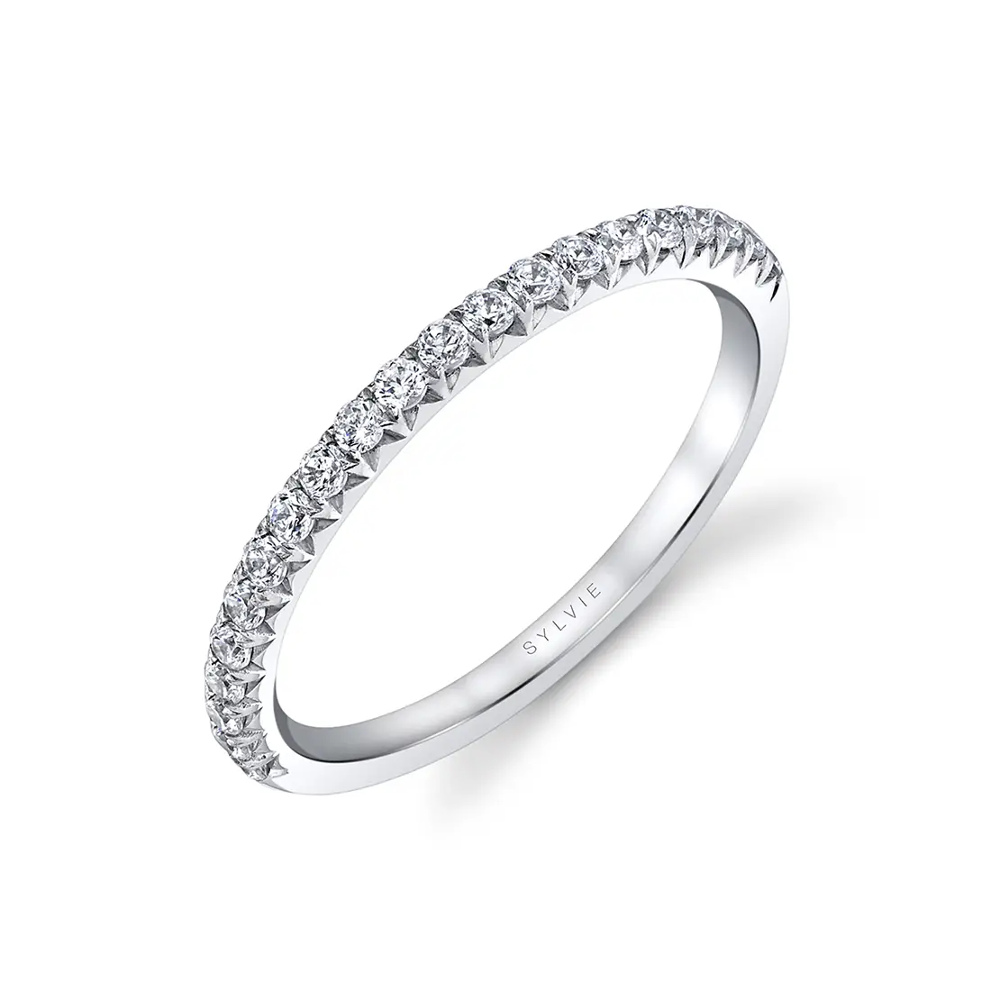 Shared Prong Wedding Band in White Gold