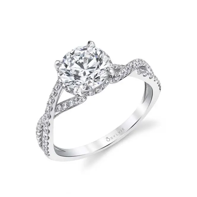 White Gold Round Cut Split Shank Twisted Hidden Halo Diamond Engagement Ring