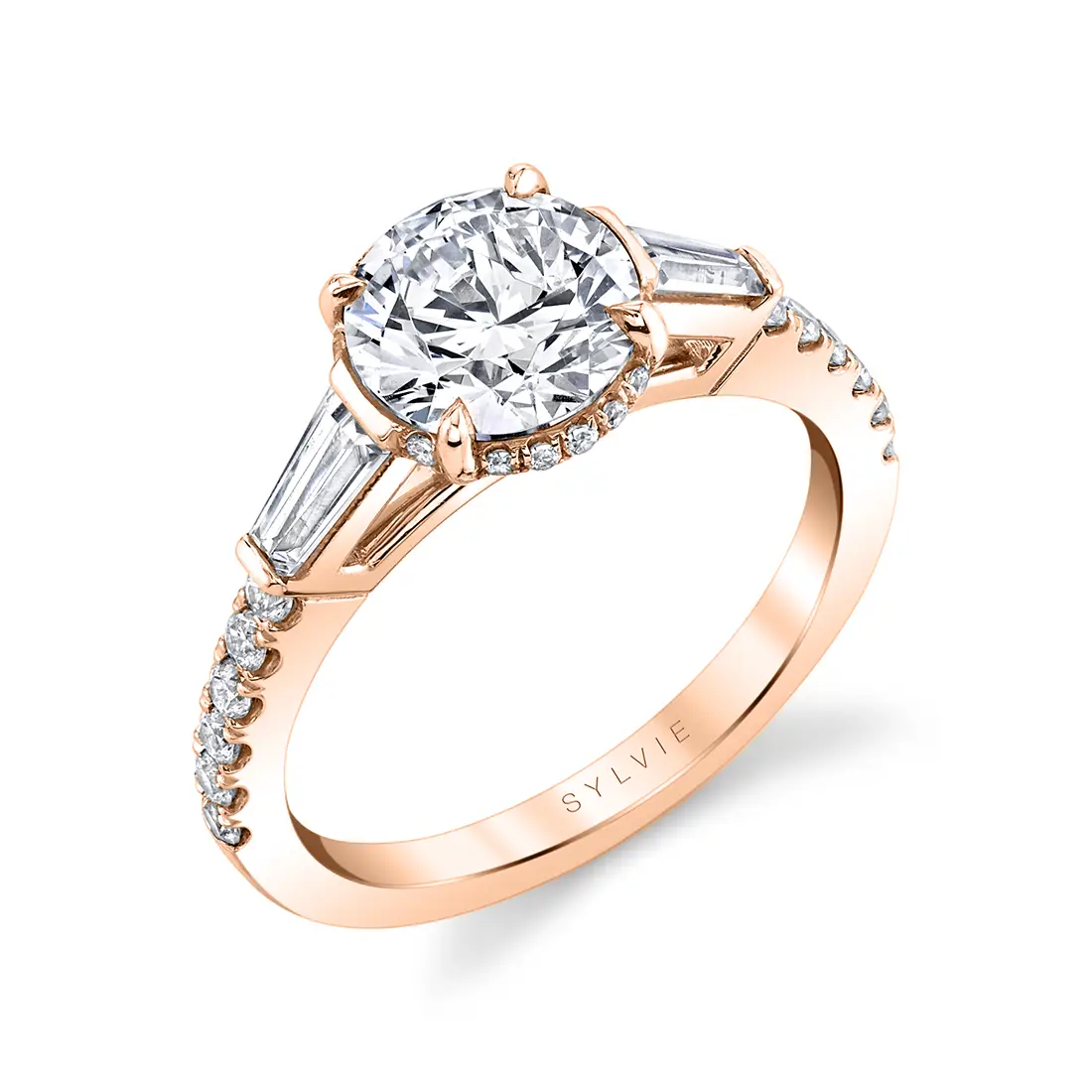 Round Cut Baguette 3 Stone Engagement Ring - Isla