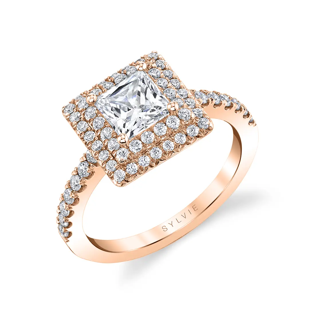 White Gold Princess Cut Classic Double Halo Engagement Ring - Melodie - Profile View