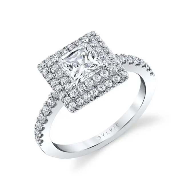 White Gold Princess Cut Classic Double Halo Engagement Ring