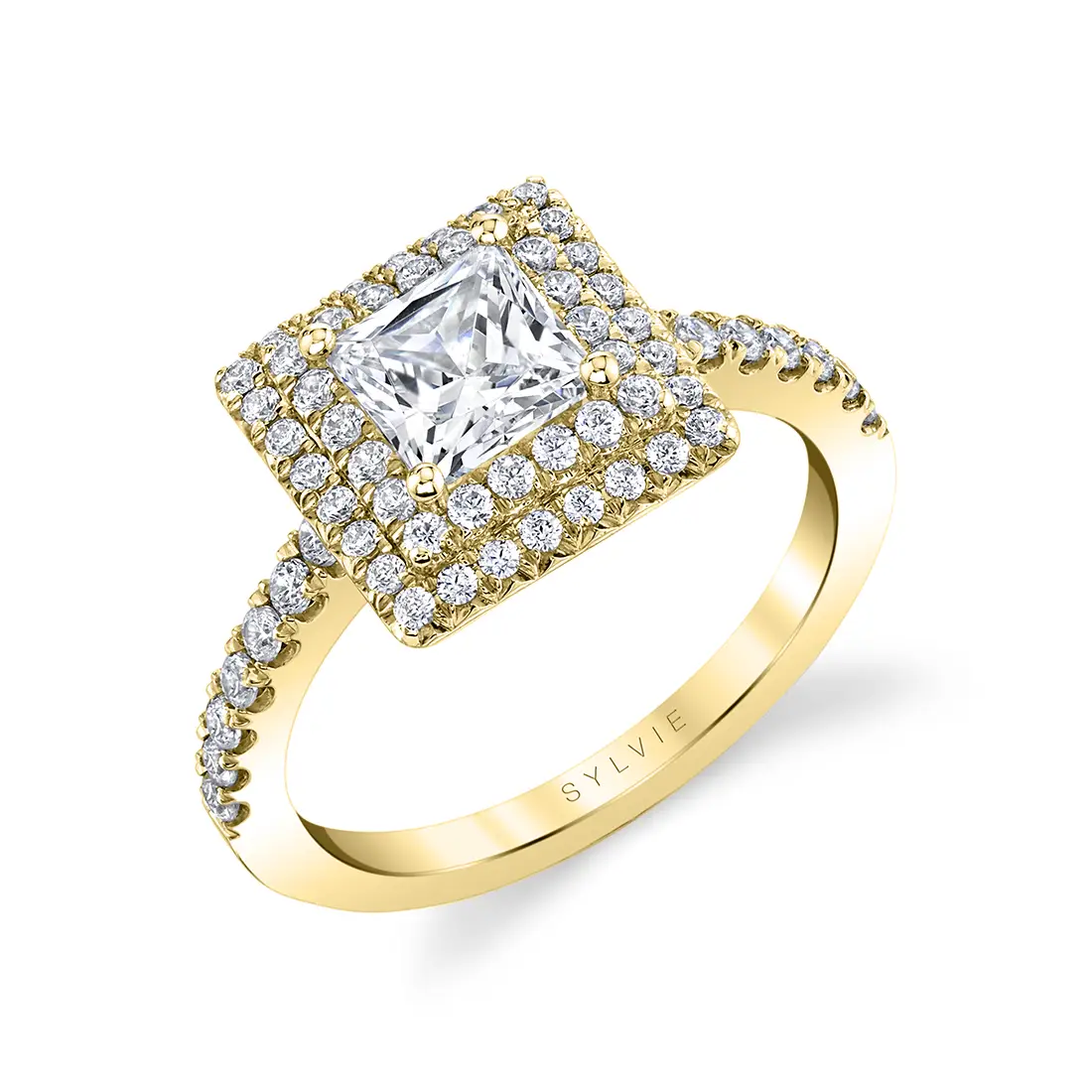 White Gold Princess Cut Classic Double Halo Engagement Ring - Melodie - Profile View