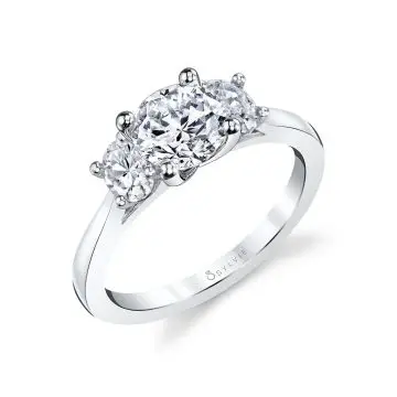 White Gold Round Cut Three Stone Engagement Ring with Oval Side Stones - Guinevere