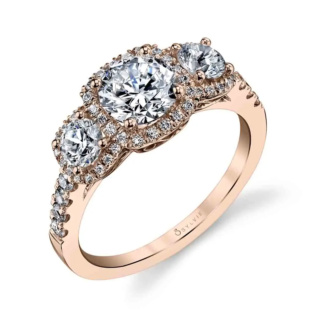 3 stone engagement ring with cushion halo