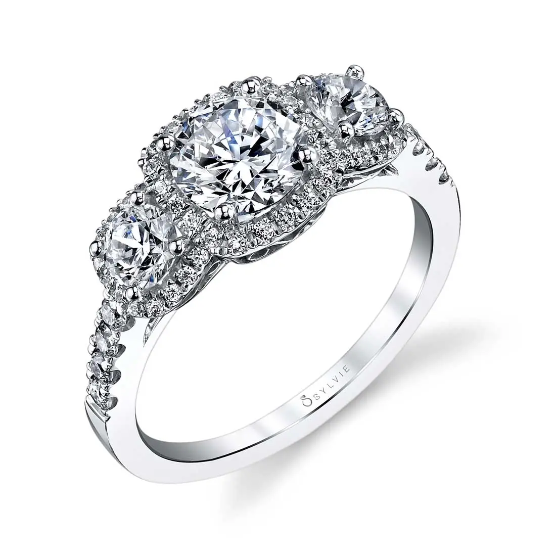 3 stone engagement ring with cushion halo