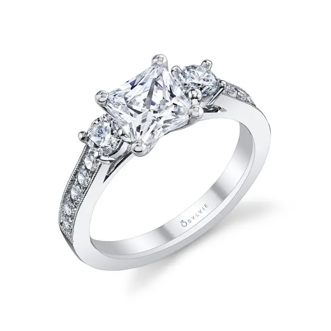 White Gold Princess Cut Vintage Inspired Three Stone Engagement Ring