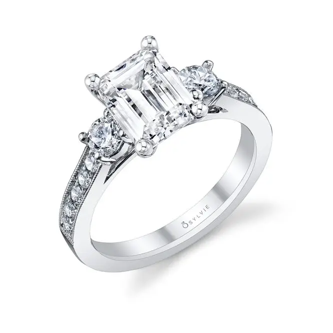 White Gold Emerald Cut Vintage Inspired Three Stone Engagement Ring