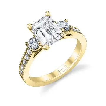 White Gold Emerald Cut Vintage Inspired Three Stone Engagement Ring - Noella