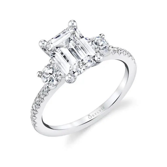 White Gold Emerald Cut Modern Three Stone Engagement Ring