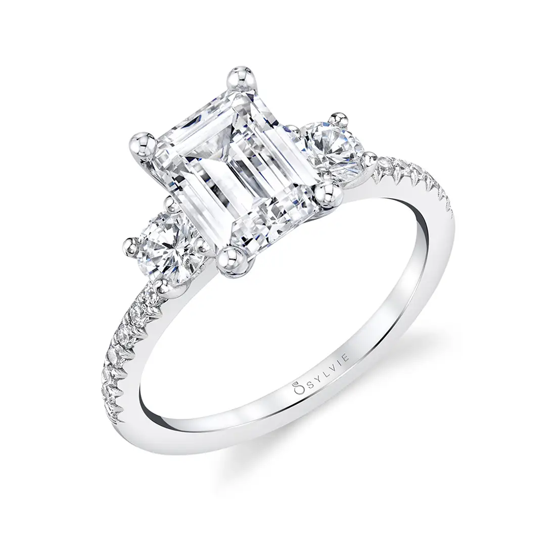 Emerald Cut Engagement Ring with Round Side Stones Gemma