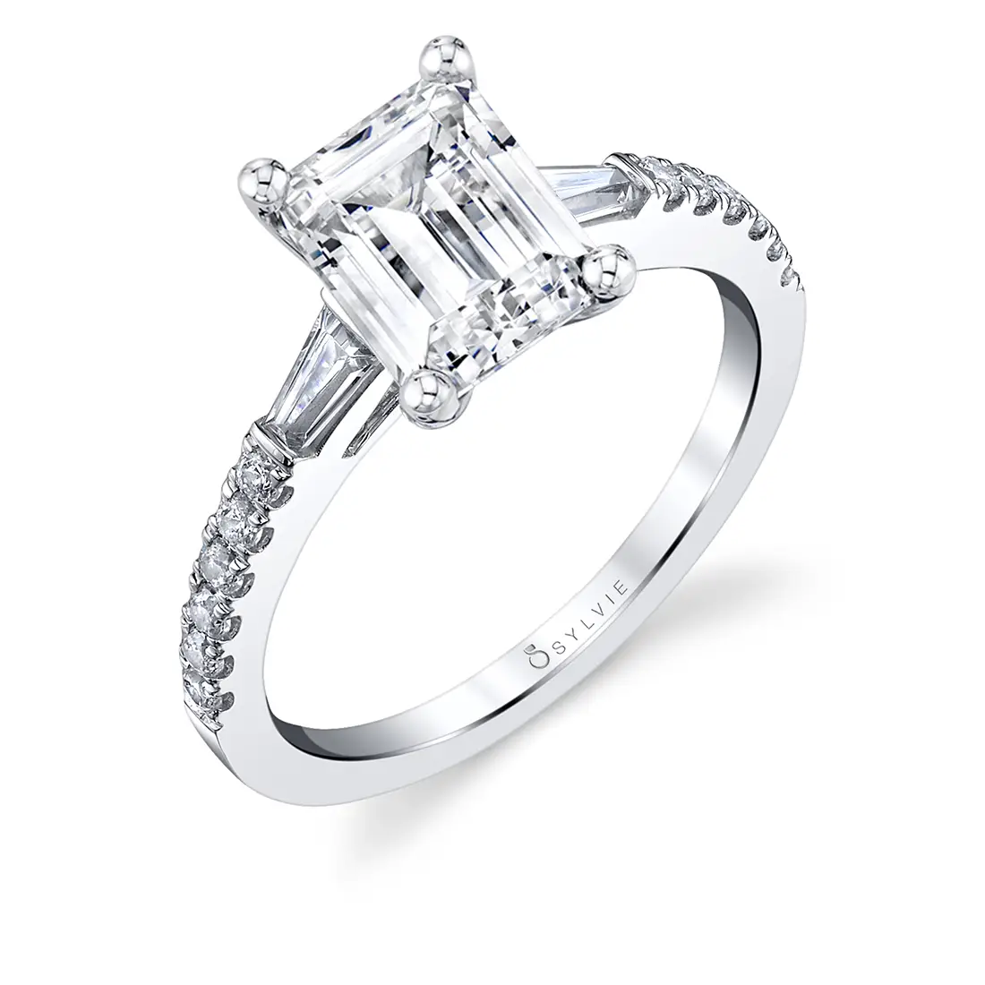 White Gold Emerald Cut Three Stone Engagement Ring with Baguettes - Leigh Ann