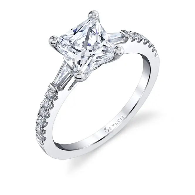 White Gold Princess Cut Three Stone Engagement Ring with Baguettes