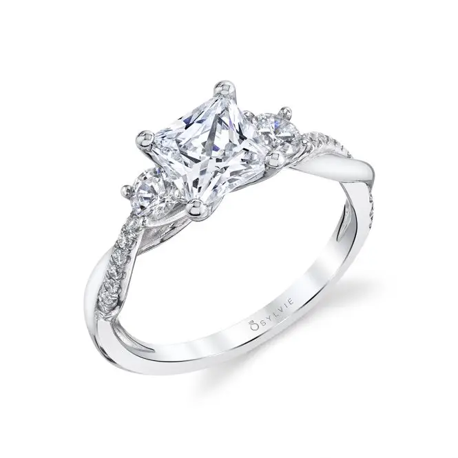 Side view of a 3 Stone Engagement Ring with Spiral Band - Evangeline - S