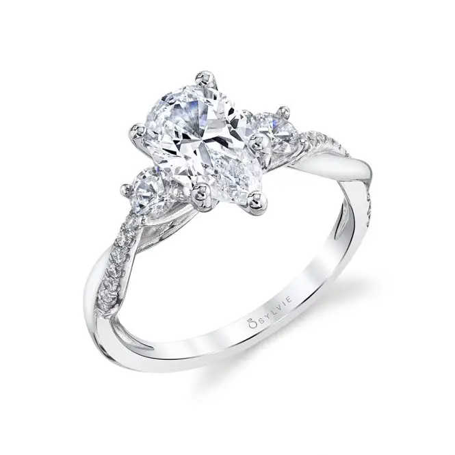 Side view of a 3 Stone Engagement Ring with Spiral Band - Evangeline - S