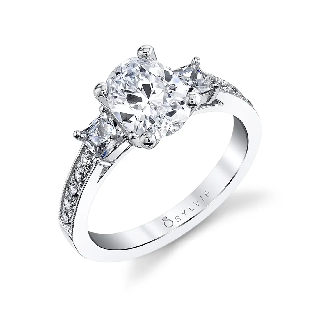 3 stone oval engagement ring princess side stones in white gold