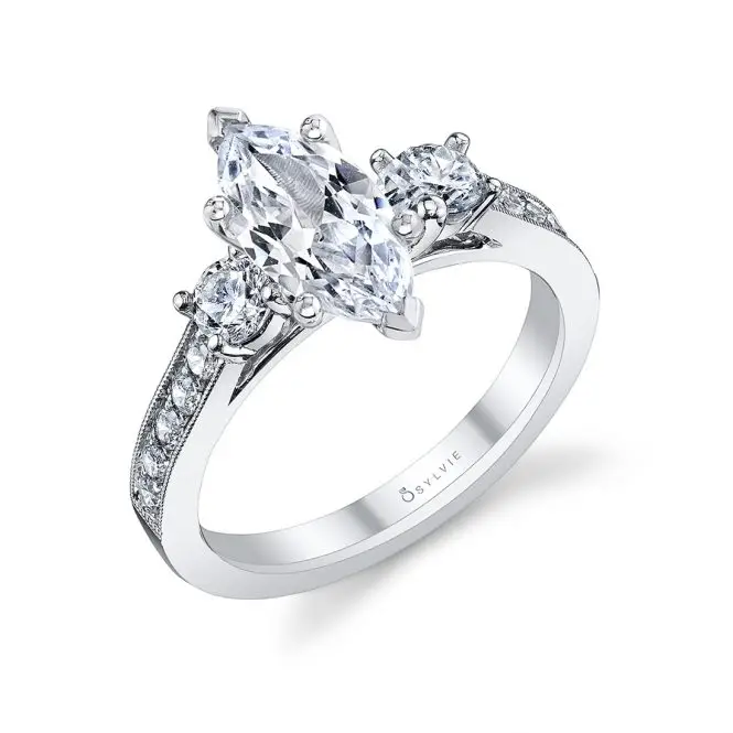 White Gold Marquise Cut Vintage Inspired Three Stone Engagement Ring