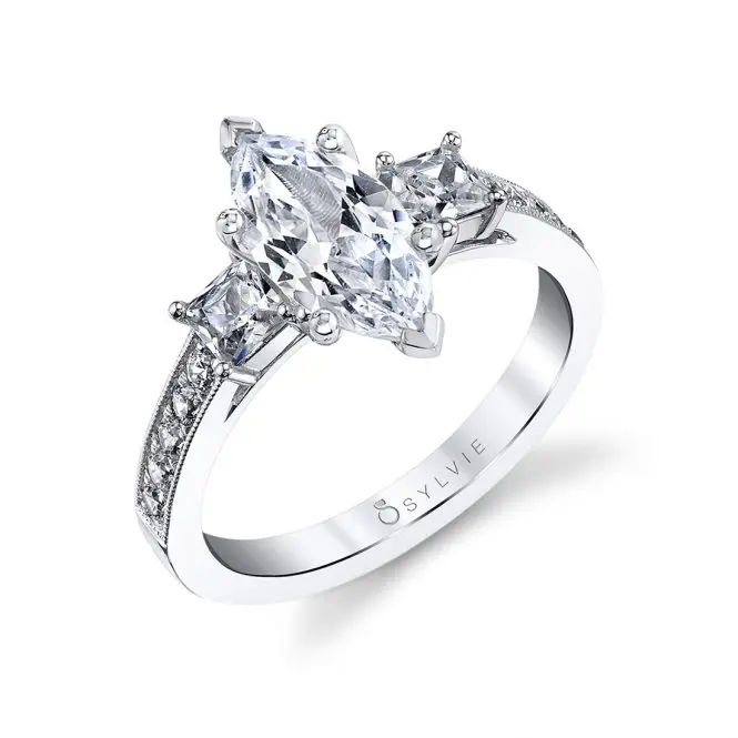 White Gold Marquise Cut Three Stone Engagement Ring With Princess Side Stones