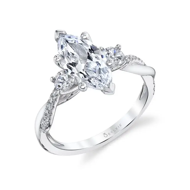 White Gold Marquise Cut Three Stone Spiral Engagement Ring