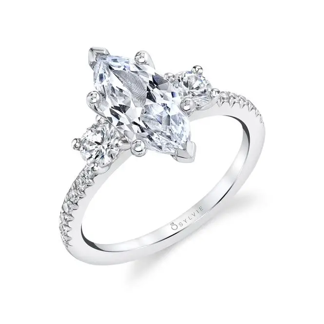 White Gold Marquise Shaped Modern Three Stone Engagement Ring
