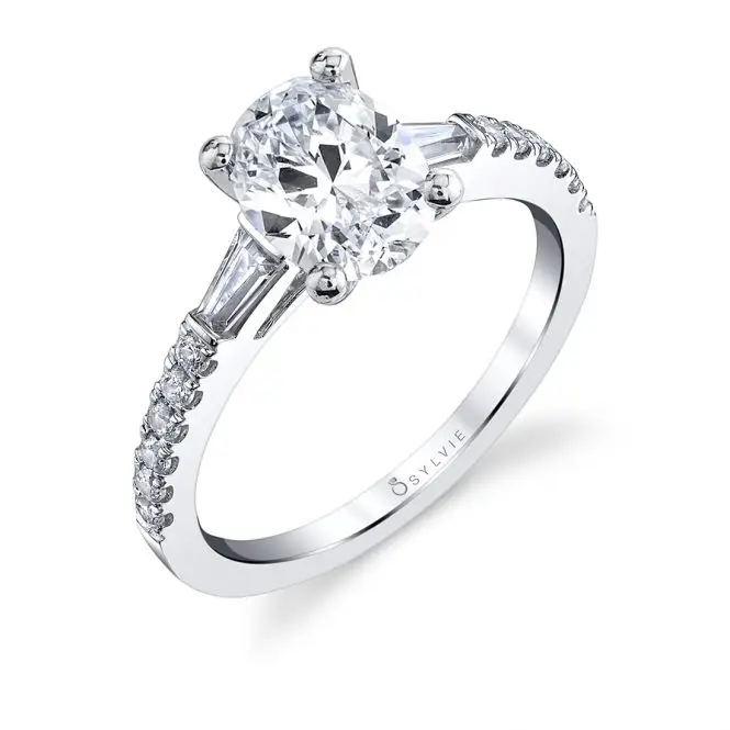 White Gold Oval Cut Three Stone Engagement Ring with Baguettes