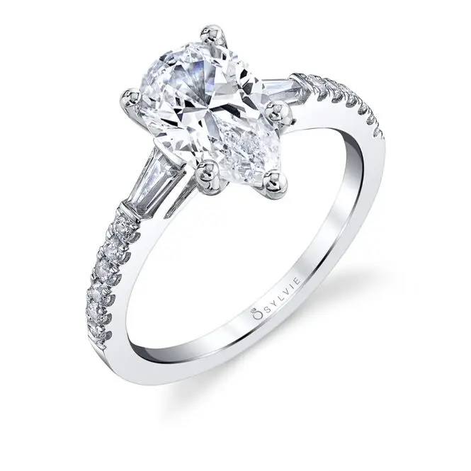 Pear Shaped Engagement Ring with Baguettes shown in white gold