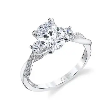 White Gold Oval Cut Three Stone Spiral Engagement Ring - Evangeline
