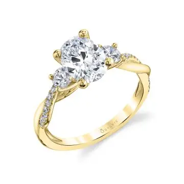 White Gold Oval Cut Three Stone Spiral Engagement Ring - Evangeline