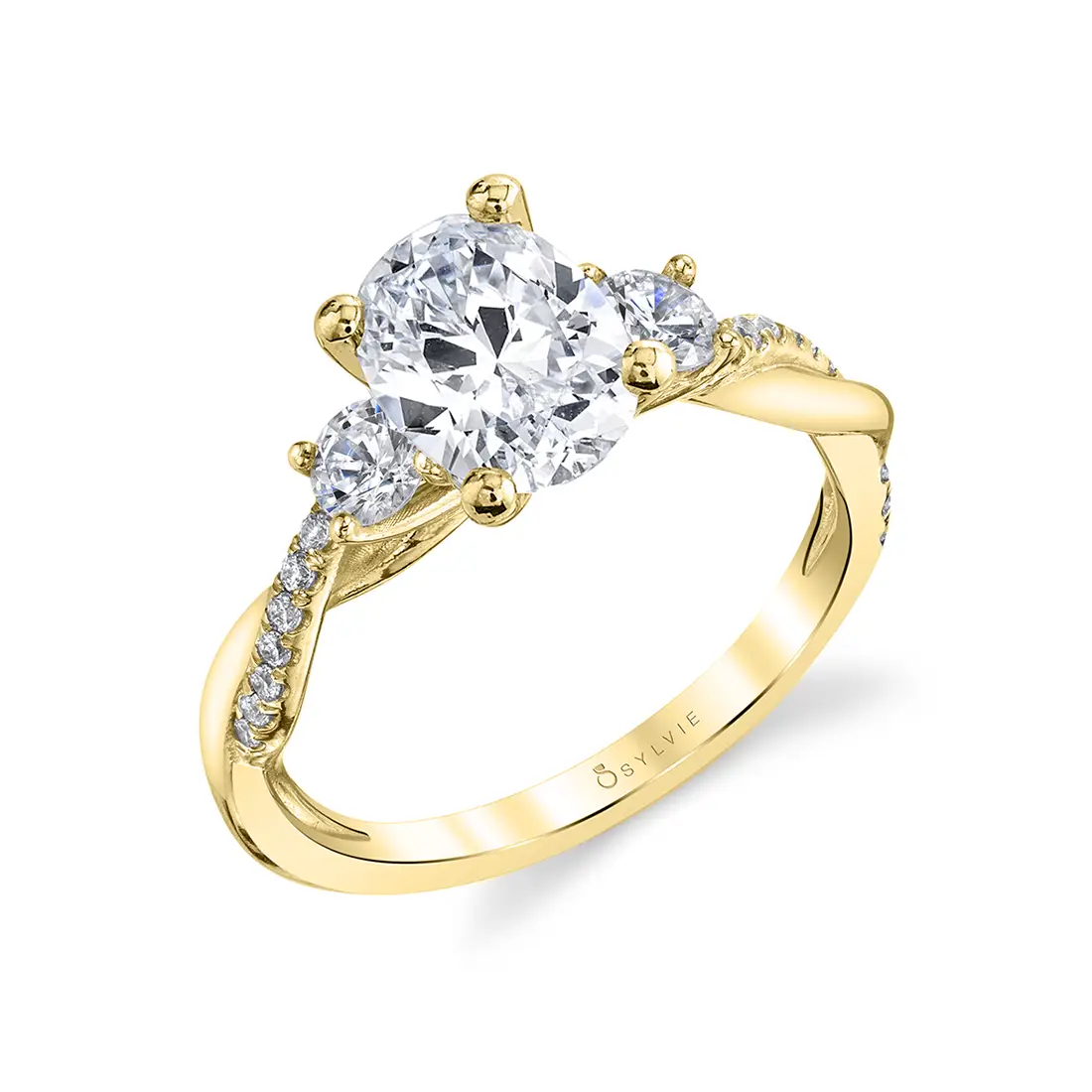 3 stone oval engagement ring with round side stones in yellow gold - Style 