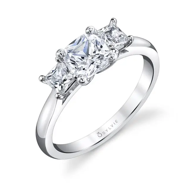 White Gold Cushion Cut Three Stone Engagement Ring