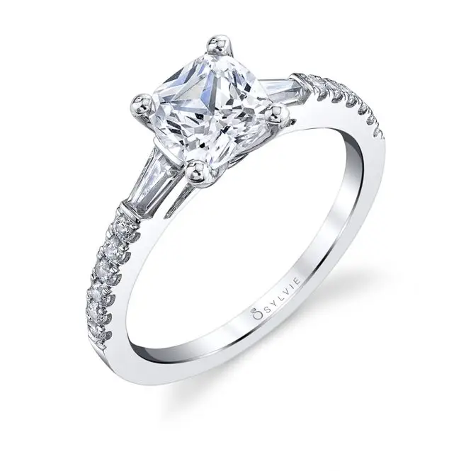 White Gold Cushion Cut Three Stone Engagement Ring with Baguettes