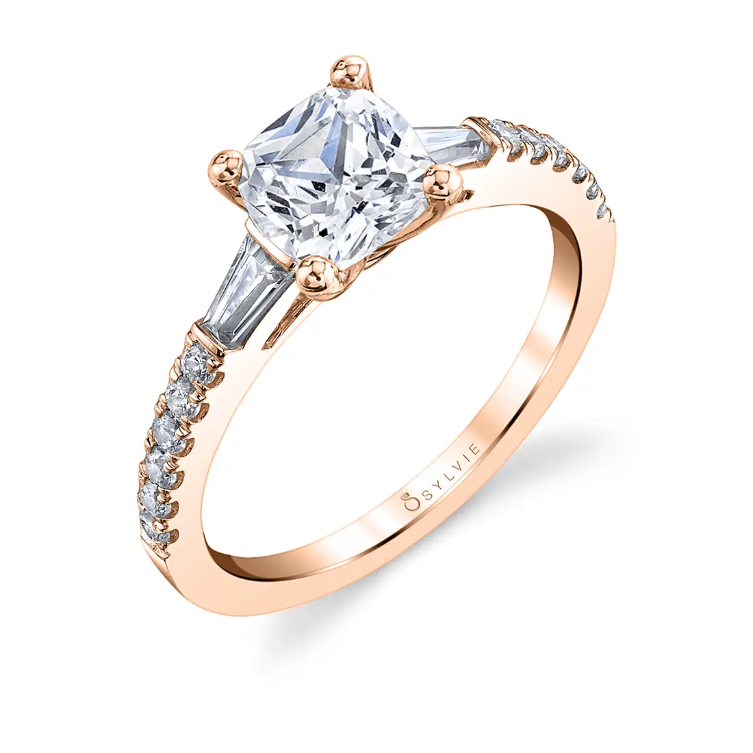 Cushion Cut Engagement Ring with Baguettes in rose gold