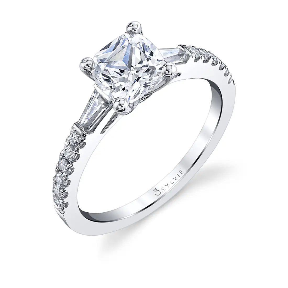 Cushion cut engagement top ring with baguettes