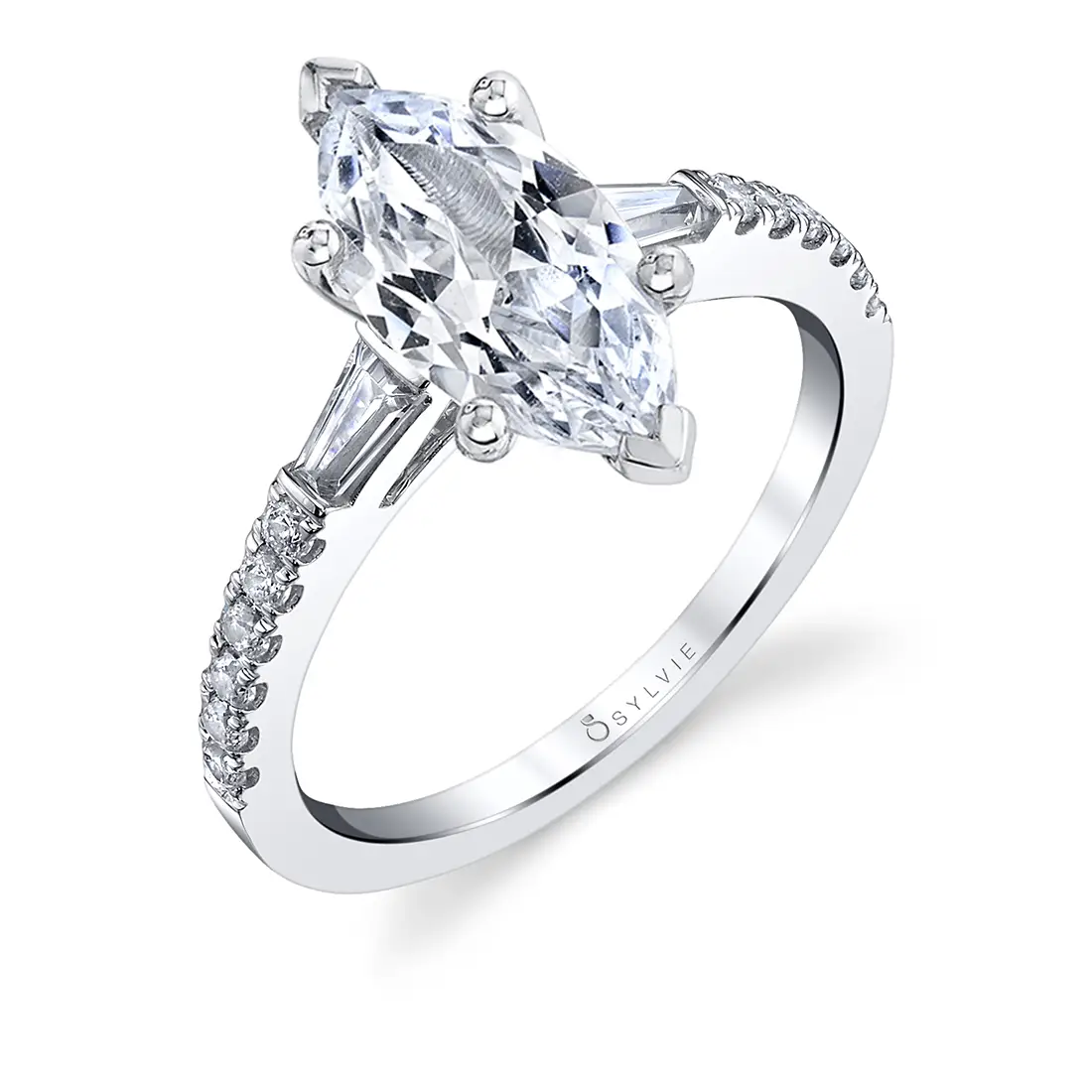 Marquise Cut Three Stone Engagement Ring with Baguettes Leigh