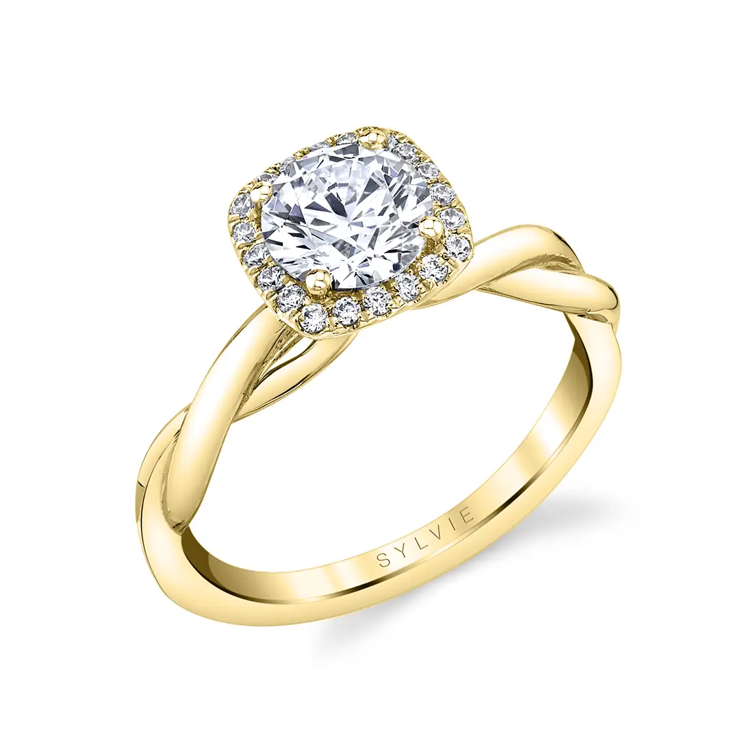 cushion halo engagement ring with spiral band in yellow gold