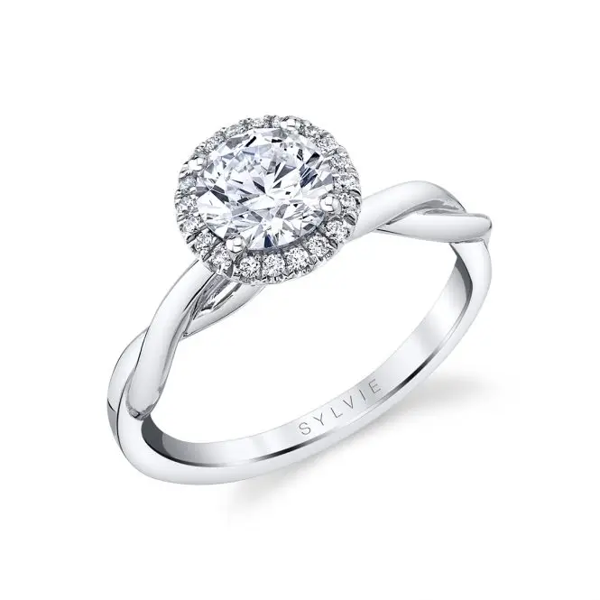 profile image of a halo engagement ring with spiral band