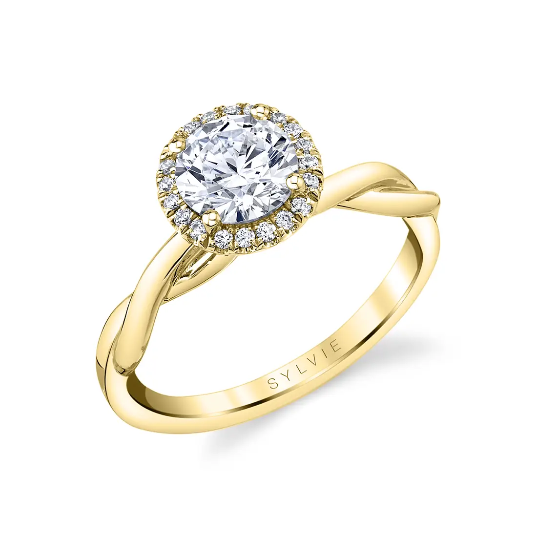 halo engagement ring with spiral band in yellow gold