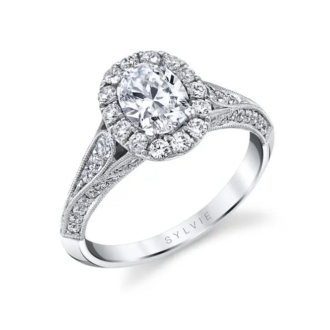 White Gold Oval Cut Unique Halo Engagement Ring