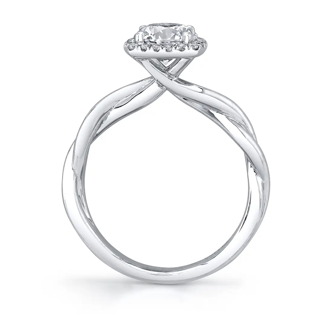 profile image of a halo engagement ring with spiral band