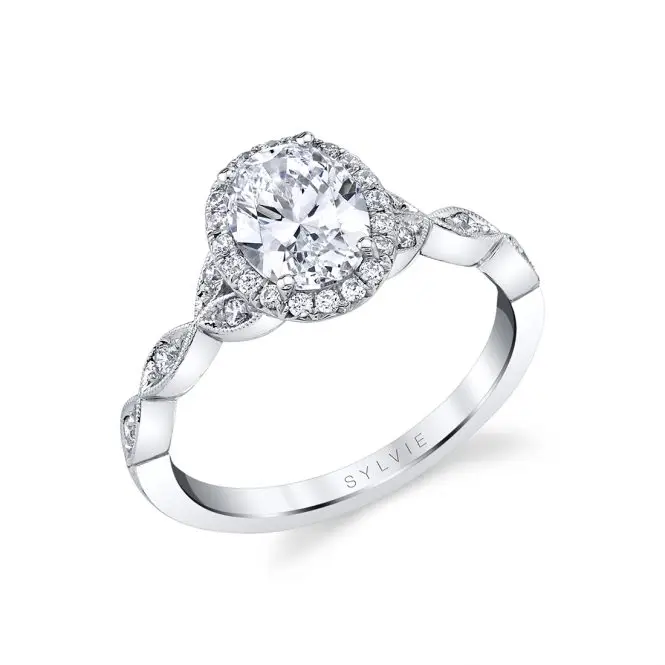 White Gold Oval Cut Unique Vintage Halo Engagement Ring