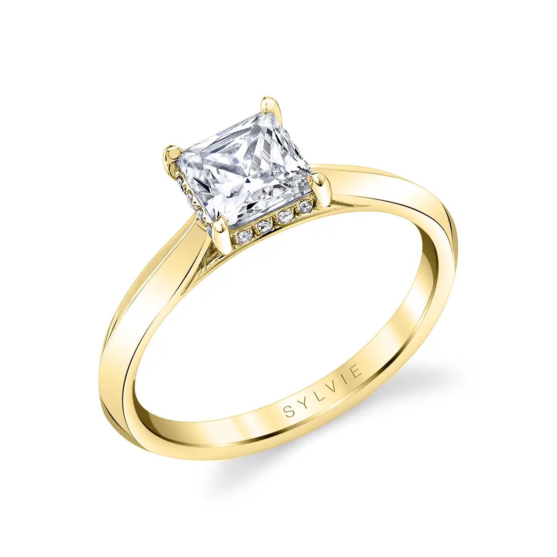 princess cut hidden halo engagement ring in yellow gold