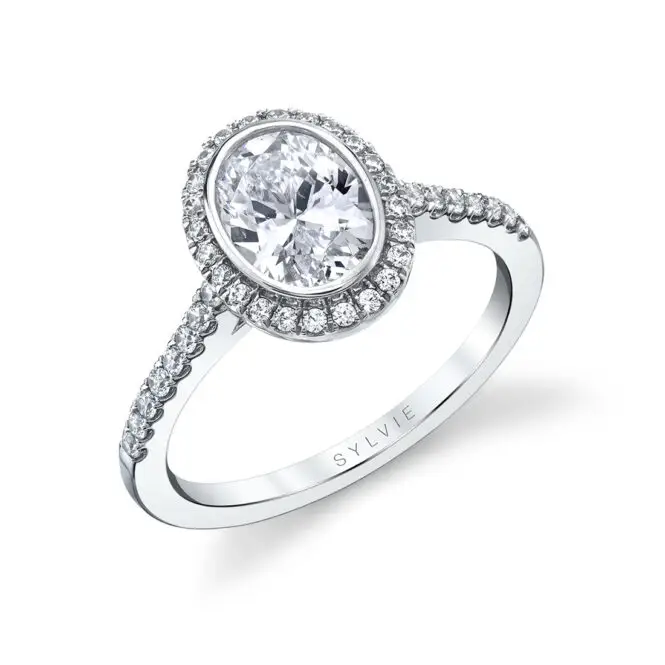 Oval Cut White Gold Modern Bezel Halo Engagement Ring - Anita