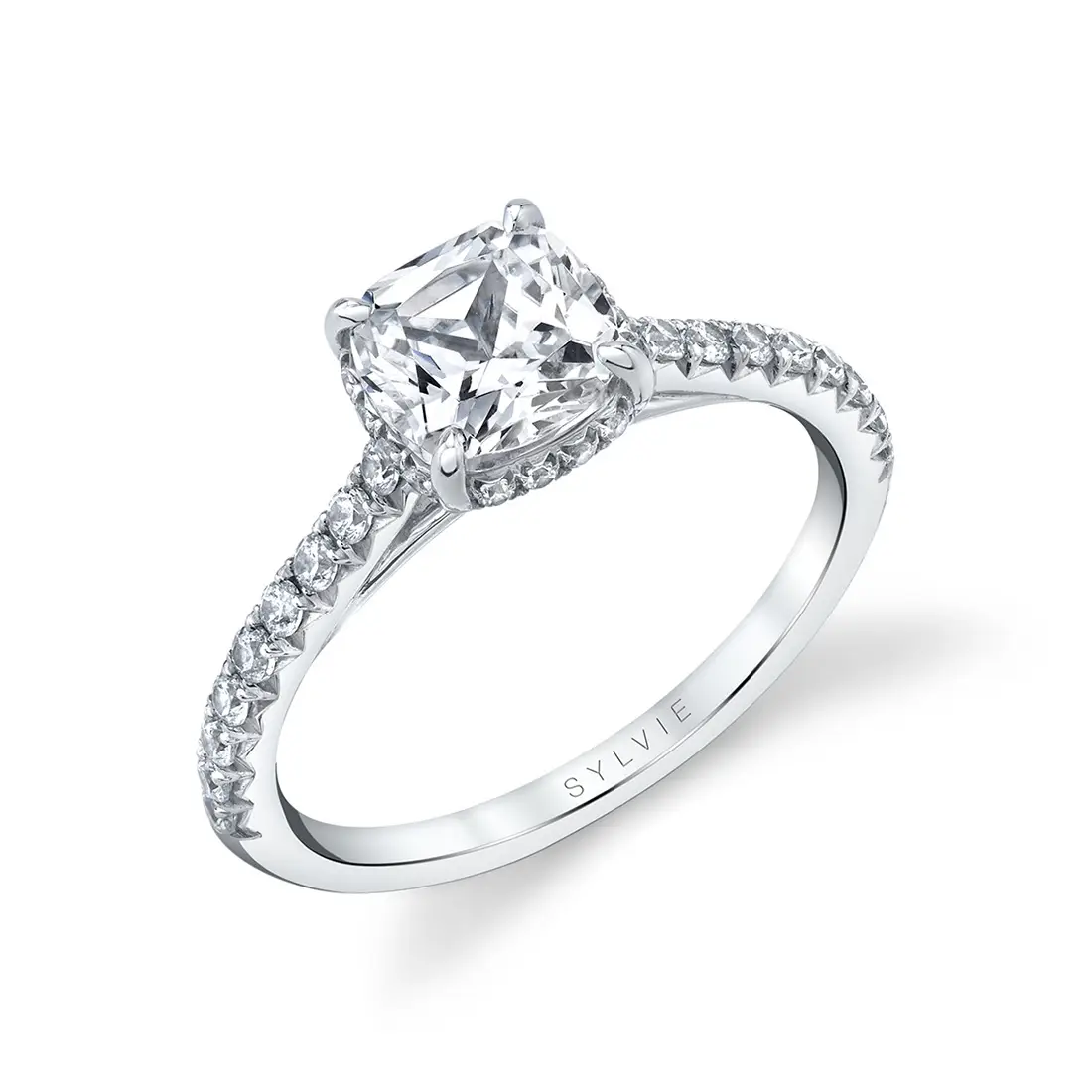 Radiant Cut Diamond Halo Engagement Ring With Pave Band