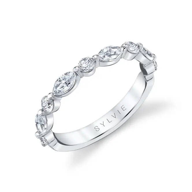 marquise wedding band with shared prongs