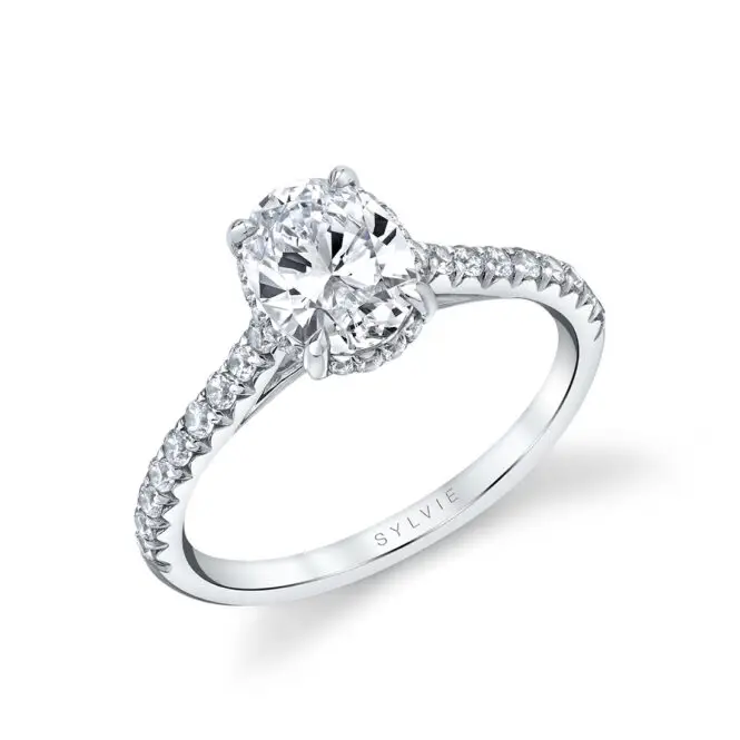 oval engagement ring with hidden halo in white gold