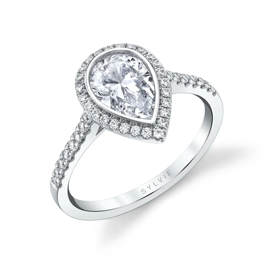 pear shaped bezel set engagement ring in white gold