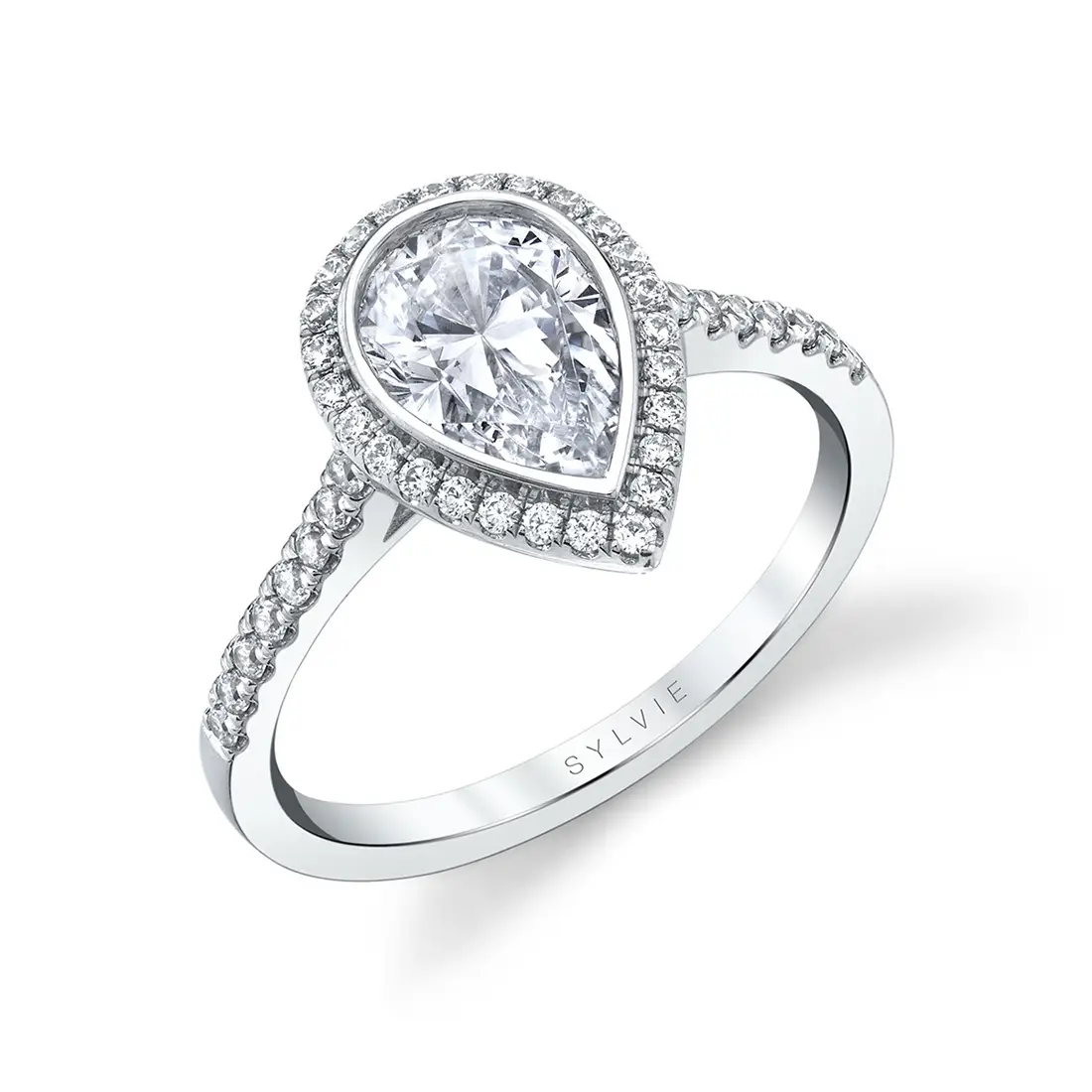 Pear Shaped Modern Bezel Halo Engagement Ring Anita Sylvie Jewelry