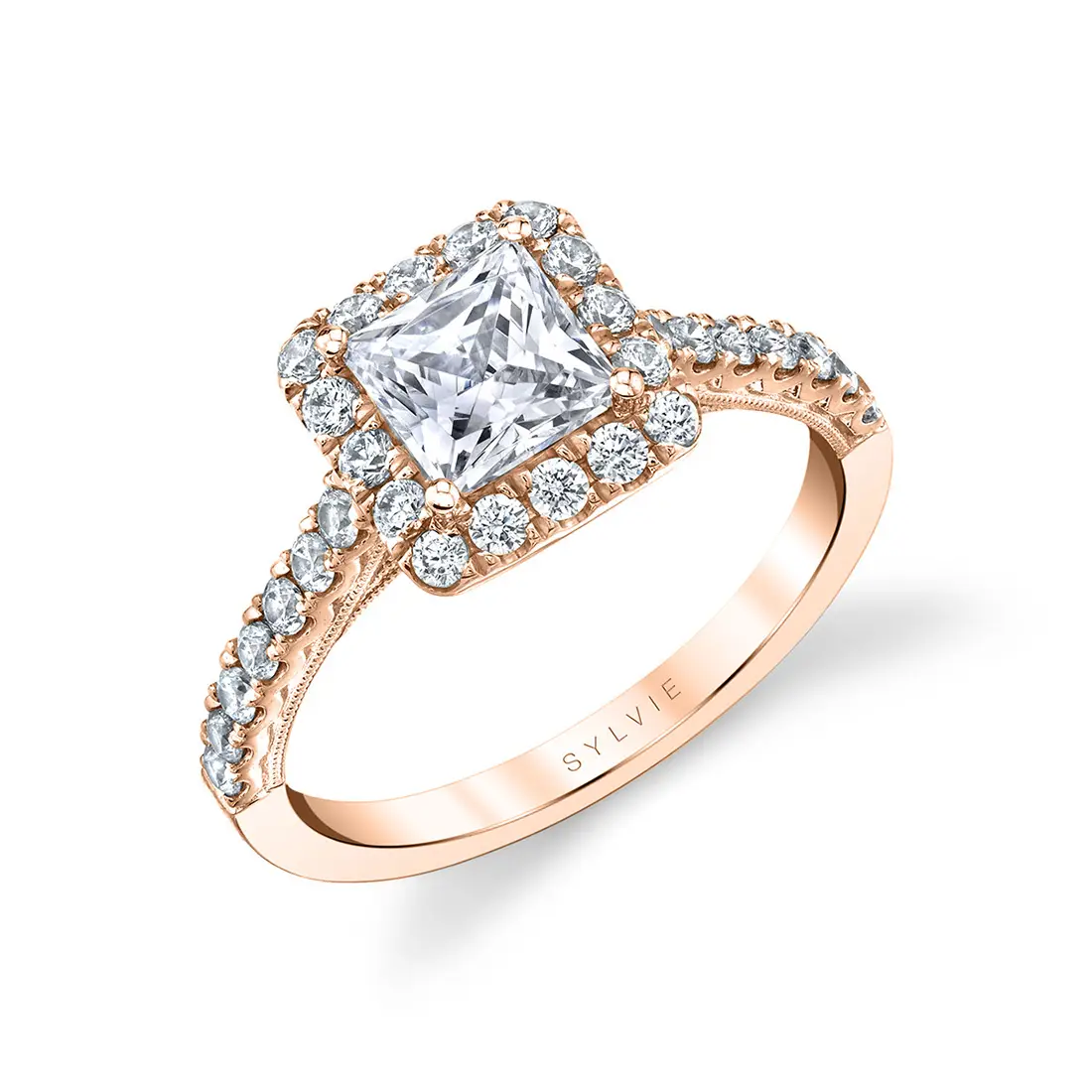 princess cut halo engagement ring in rose gold