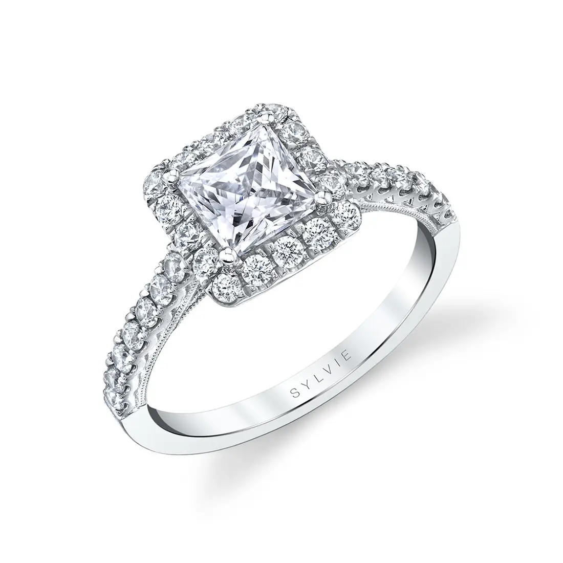 princess cut halo engagement ring in white gold