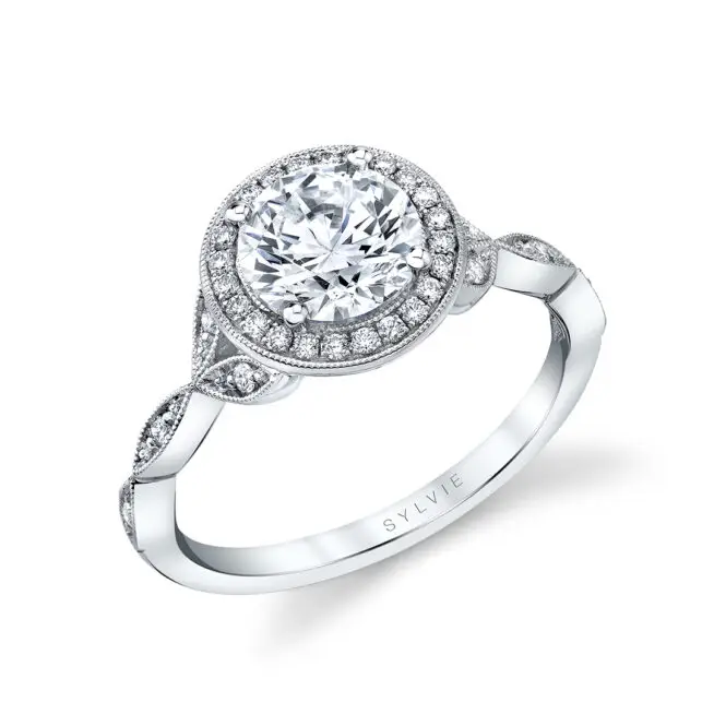 White Gold Round Cut Vintage Inspired Halo Engagement Ring