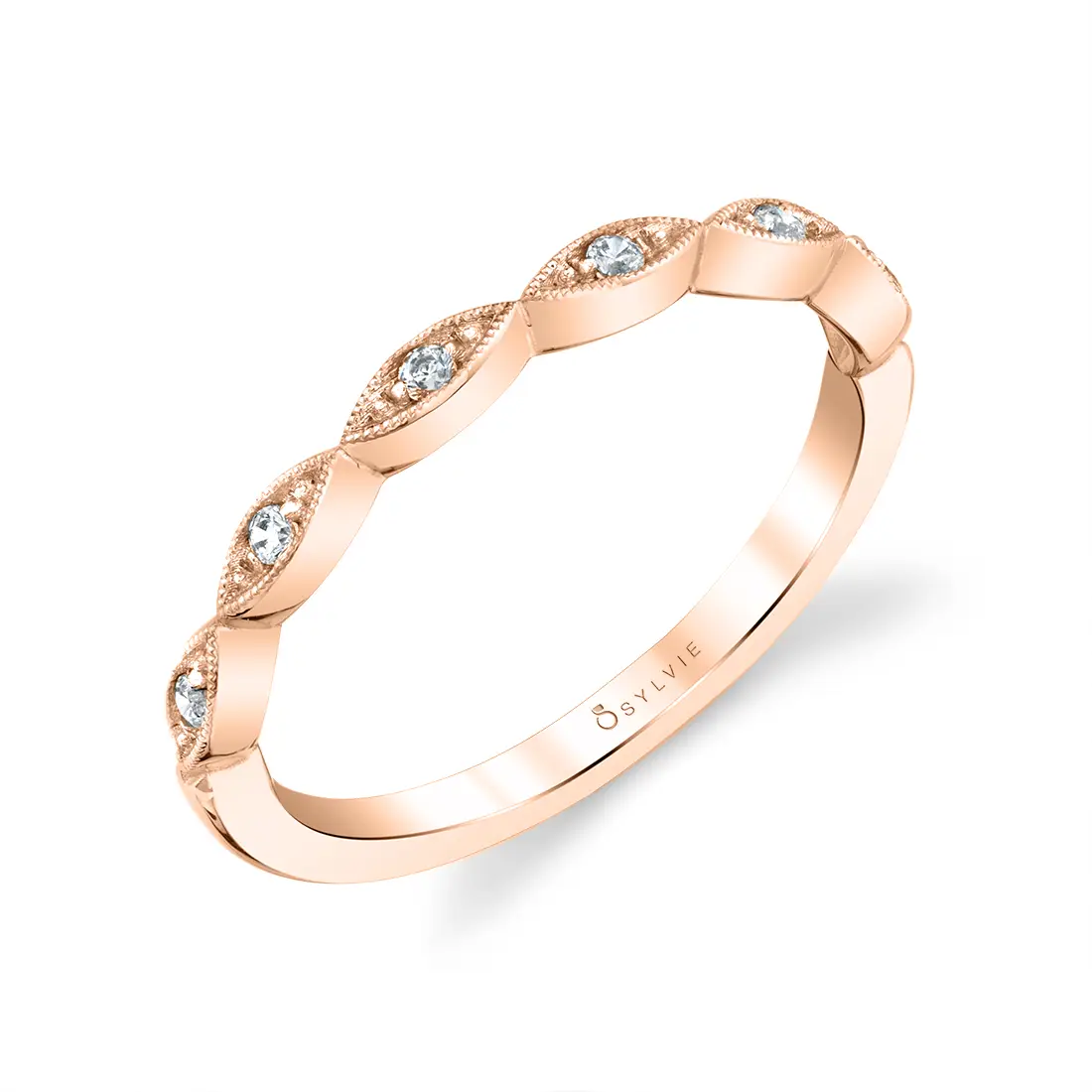 delicate stackable wedding band in rose gold